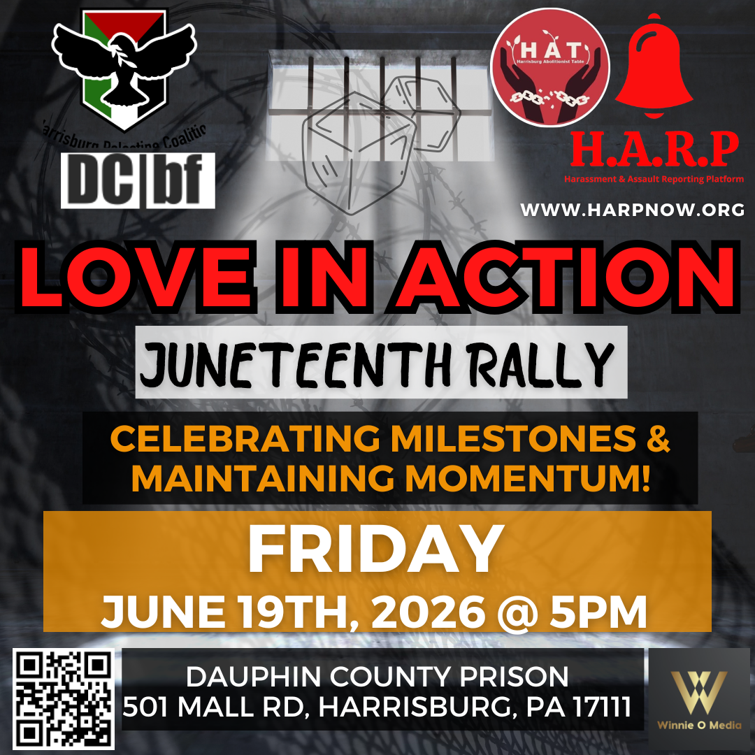 image shows event details and logos of planning organizations. Rally is taking place on June 19 a 5pm EST at Dauphin County Prison